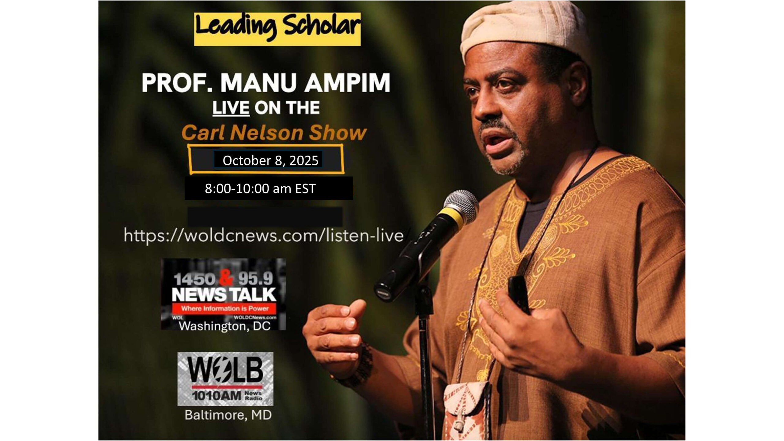 flyer for prof ampim's Oct 8th Carl Nelson show